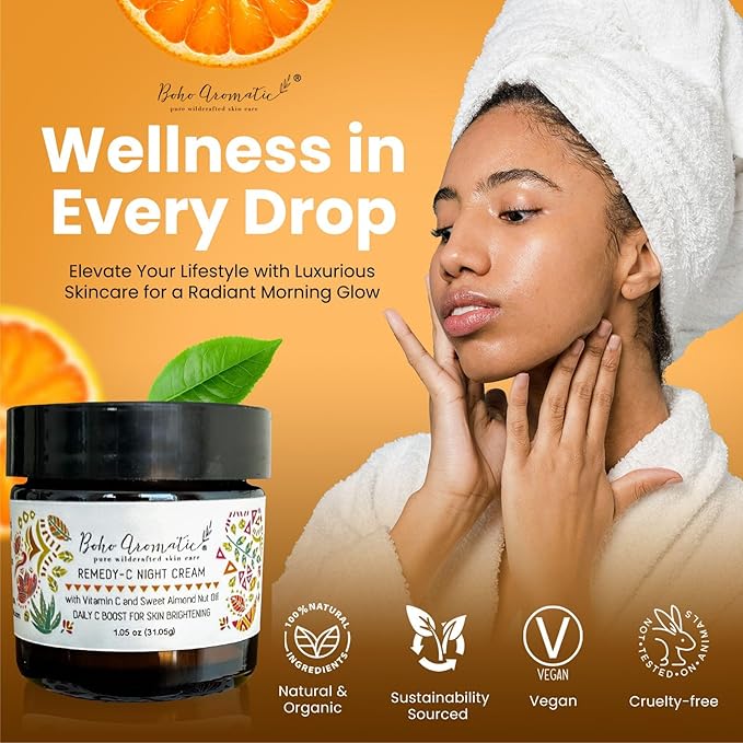 Vitamin C Night Cream for Face, Brightening Vitamin C Moisturizer Face Cream – Hydrating Rich Night Cream in Eco-Friendly Glass Jar, cruelty free by Boho Aromatic Remedy-C