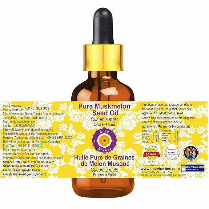dève herbes Pure Muskmelon Seed Oil (Cucumis melo) with Glass Dropper Cold Pressed 100ml (3.38 oz)