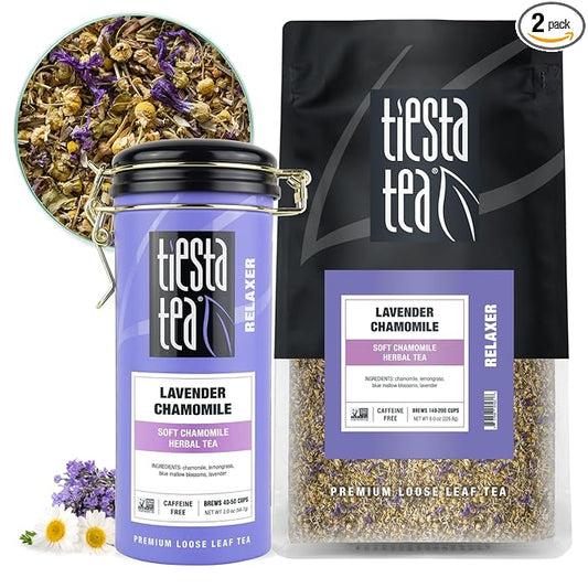 Tiesta Tea - Lavender Chamomile | Loose Leaf | Soft Chamomile Herbal Tea | Premium Non-Caffeinated Blend | Make Hot or Iced & Brews Up to 250 Cups | 8oz Bulk Pouch & 2oz Refillable Tin Combo