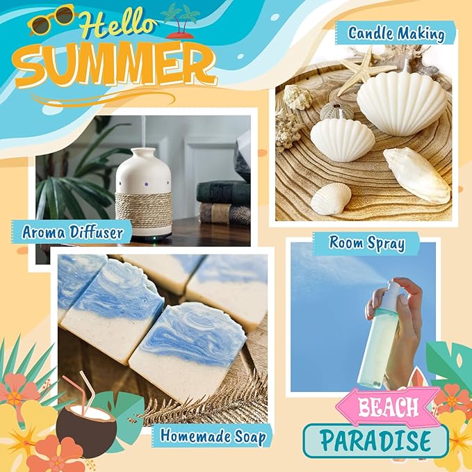 Beach Fragrance Oils Set, ARVIDSSON Summer Essential Oils for Diffuser - Beachy Breeze, Ocean Air, Pina Colada, Pink Sand, Sea Salt, Island Time, Tropical Scented Oil