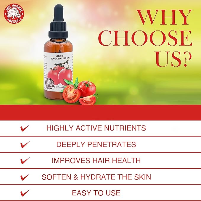 Best Nature's Tomato Seed Oil (Cold Pressed, Unrefined) - 2 oz - Natural Skin Care Moisturizer for Face, Body, Dry, Damaged Hair - Soothes Eczema, Psoriasis, Acne, Reduce Discoloration