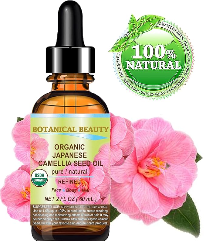 Botanical Beauty Japanese ORGANIC CAMELLIA Seed Oil. 100% Pure Natural Undiluted Refined Cold Pressed Carrier Oil to revitalize and rejuvenate the hair, skin and nails. 2 Fl. oz 60 ml