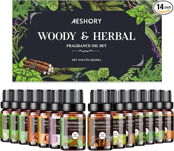 Woody & Herbal Essential Oils Set - TOP 14 Fragrance Oil for Diffusers, Aromatherapy, Candle Making - Sandalwood, Cedarwood, Teakwood, Vetiver Aromatherapy Scented Oils (5ml)