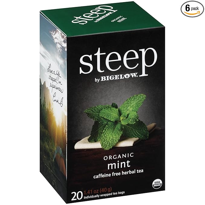 steep by Bigelow Organic Mint Herbal Tea, Caffeine Free, 20 Count (Pack of 6), 120 Total Tea Bags