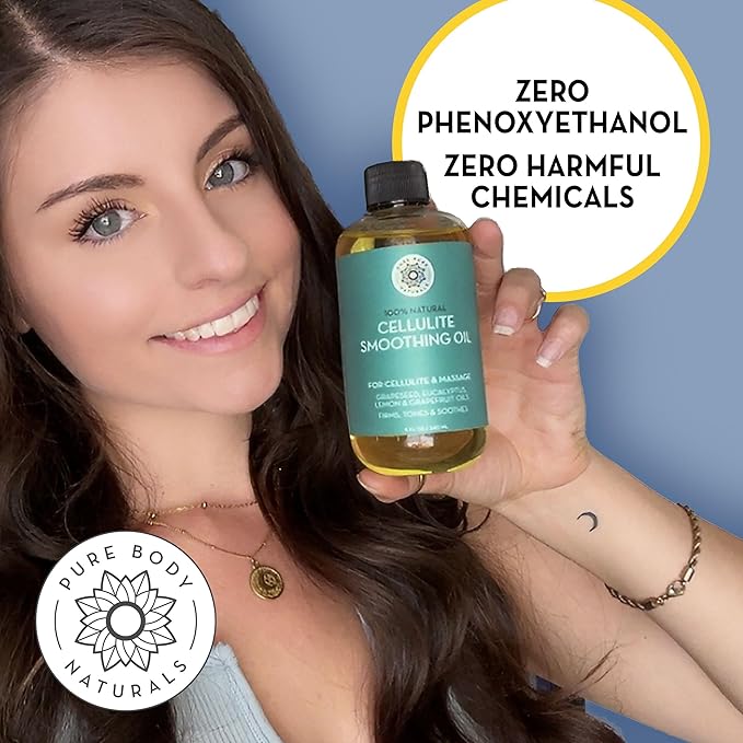 Pure Body Naturals Anti Cellulite Massage Oil, 8 fl oz | 100% Natural Cellulite Remover Oil for Thighs and Butt Firming | Chemical Free Body Oil for Skin Tightening and to Reduce Stretch Marks