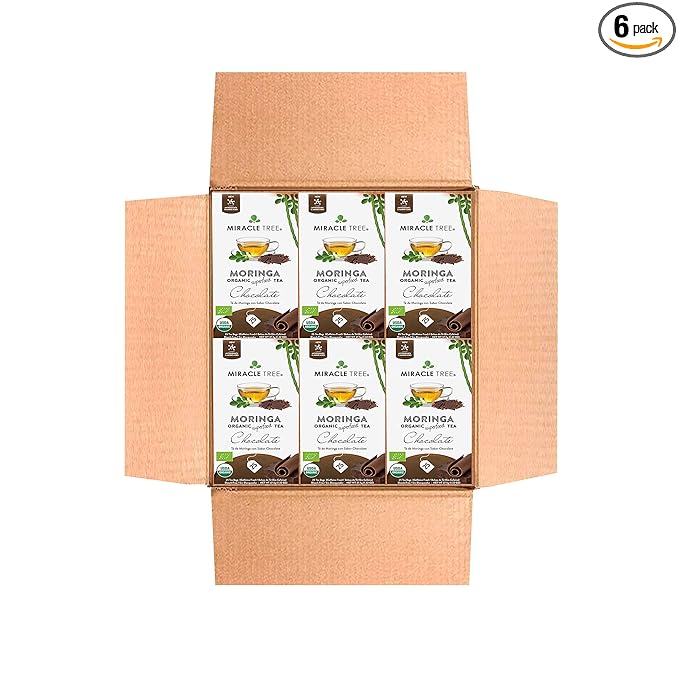Miracle Tree - 6 Count of Organic Moringa Superfood Tea, 25 Individually Sealed Tea Bags, Chocolate (Keto, Detox, Energy/Immunity Booster, Vegan, Gluten-Free, Organic, Non-GMO, Caffeine-Free)