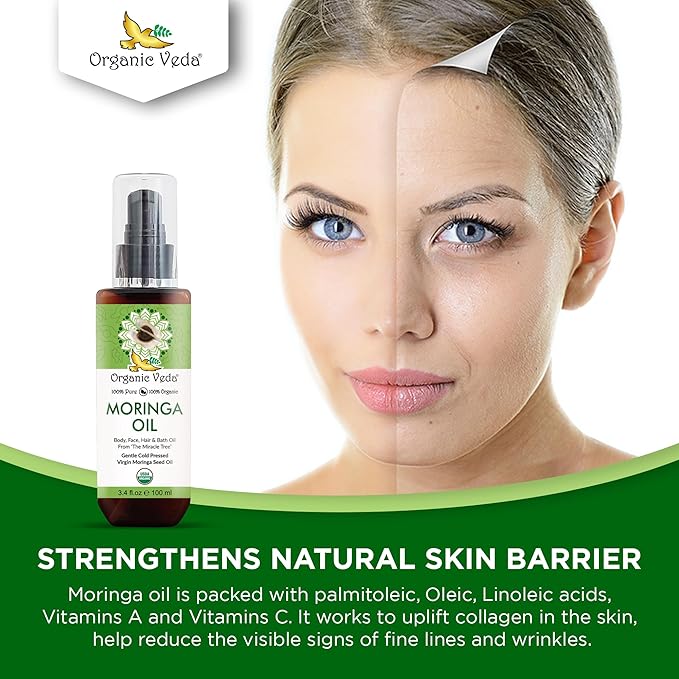 Organic Veda Moringa Oil Virgin 100% Pure & USDA Organic - Multi Purpose, Face, Hair & Skin, Nails, Fast Absorbing, Moisturizing & Beautifying - The Miracle Tree Moringa Oleifera Seed Oil, 3.4 fl.oz