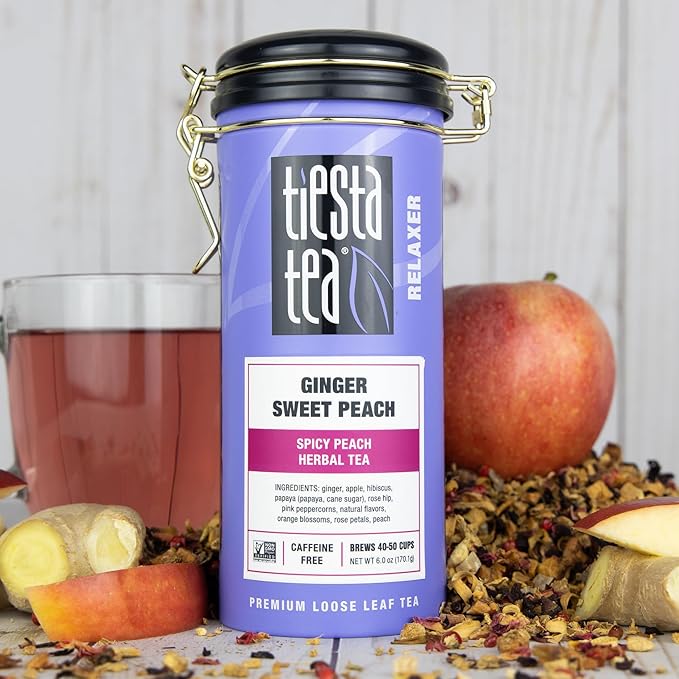 Tiesta Tea - Ginger Sweet Peach | Loose Leaf | Spicy Peach Herbal Tea | Tranquility Non-Caffeinated Blend | Bulk Hibiscus Leaves with Cane Sugar | Brews Up to 50 Cups | 6 Ounce Refillable Tin