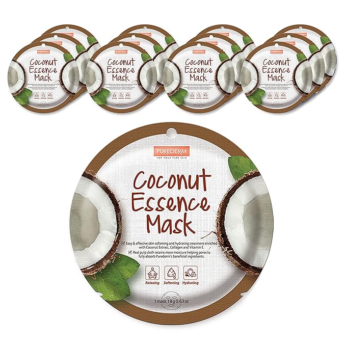 Purederm Coconut Essence Mask (12 Pack) - Coconut Extracts, Collagen, and Vitamin E to Make Your Skin Smooth and Clear
