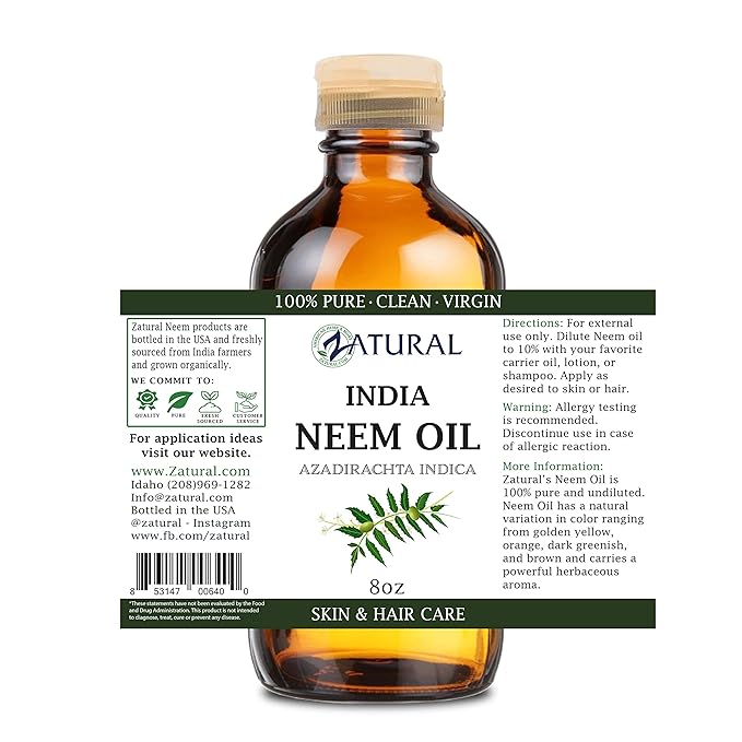 Zatural Organically Grown Neem Oil 100% Pure Cold Pressed Seed Oil Uses for Hair, Skin, and Nails, & Outdoor 8oz