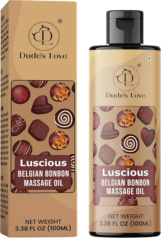 Dude's Love Luscious Belgian Bonbon Chocoalte Massage Oil - Natural Pleasant Aroma, for Men & Women, Nourishing & Moisturizing - 100 ML (3.38 Fl Oz)
