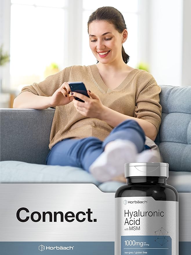 Horbäach Hyaluronic Acid with MSM | 1000 mg | 120 Capsules | Non-GMO and Gluten Free Supplement | Bioavailable Formula