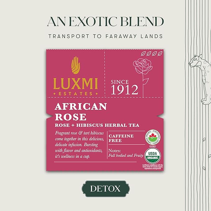 Luxmi Estates - African Rose - Organic Hibiscus Rose Tea - 25 Tea Bags | With Soothing Rose and Hibiscus | Great for Skin DeTox - Supports a Healthy Glow