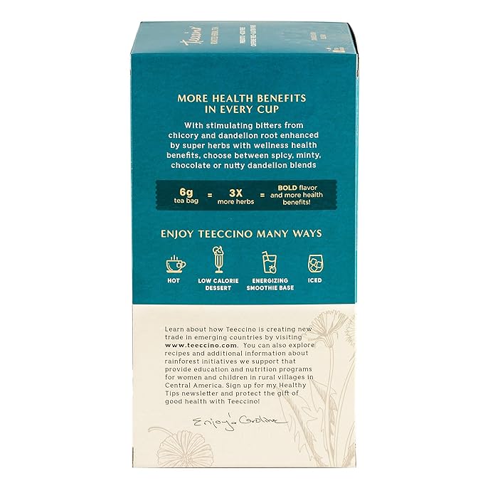 Teeccino Dandelion Mocha Mint Tea - Caffeine Free, Roasted Herbal Tea with Prebiotics, 3x More Herbs than Regular Tea Bags, Gluten Free - 25 Tea Bags