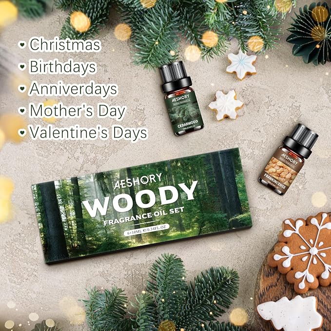 Woody Essential Oils Set - 6x10ML Woody Scents Fragrance Oil for Candle Making, Diffuser - Teakwood, Sandalwood, Cedarwood, Cyperss, Forest Pine, Frankincense Aromatherapy Oils