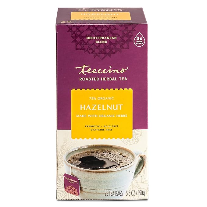 Teeccino Hazelnut Herbal Tea - 25 Tea Bags - Rich & Roasted Herbal Tea That’s Caffeine Free & Prebiotic for Natural Energy,