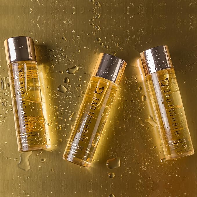 HIGHONLOVE Natural Body Oil with Hemp Seed, Grape Seed, & Vitamin E Oil - Moisturizing Body Glow with a Non-Greasy, Glowy Finish (120 ml) (Strawberries & Champagne)