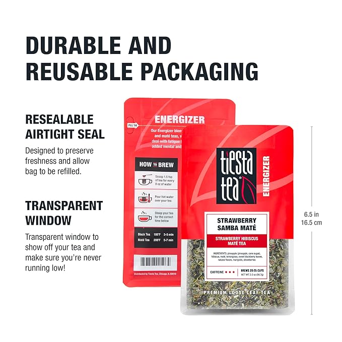 Tiesta Tea - Strawberry Samba Mate | Loose Leaf | Strawberry Hibiscus Mate Tea | High Caffeinated Fruit Blend | Make Hot or Iced Up to 25 Cups | 2 oz Resealable Pouch