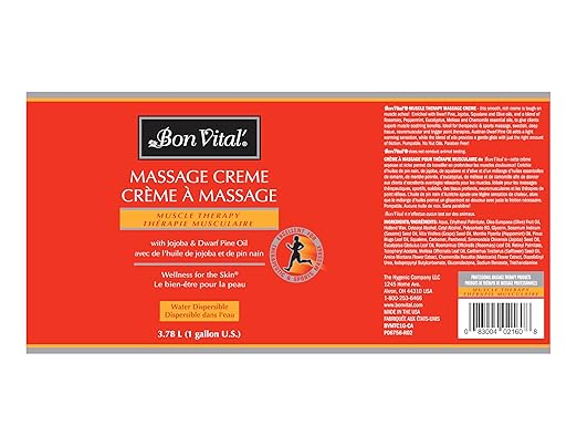 Bon Vital' Muscle Therapy Massage Creme, Professional Massage Cream with Dwarf Pine Oil & Essential Oils for Relaxation & Soreness Relief, For Deep Tissue & Sports Massage, 1 Gal, Label may Vary