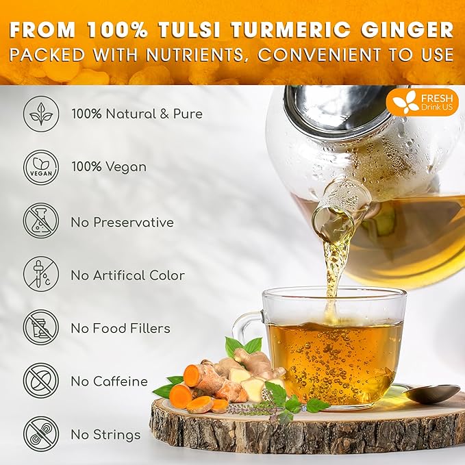 FreshDrinkUS, Premium 35 Tulsi Turmeric Ginger Tea Bags, 100% Natural & Pure from Tulsi Holy Basil Leaves, Turmeric and Ginger. Made with Natural Material Tea Bags. No Sugar, No Caffeine, Vegan.