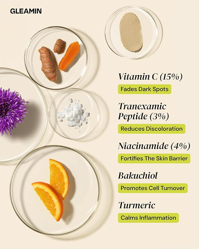 Gleamin Superactive Vitamin C Serum – 15% Vitamin C, 3% Tranexamic Acid, 4% Niacinamide & Bakuchiol – Reduces Discoloration, Uneven Tone, Brightens Skin & Smooths Texture – Fragrance-Free, 1 fl oz