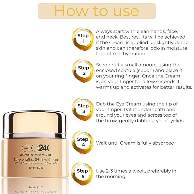 GLO24K Eye Cream with 24k Gold, Hyaluronic Acid, Rosehip Oil, and Vitamins. Minimizes wrinkles and fine-lines around the eyes