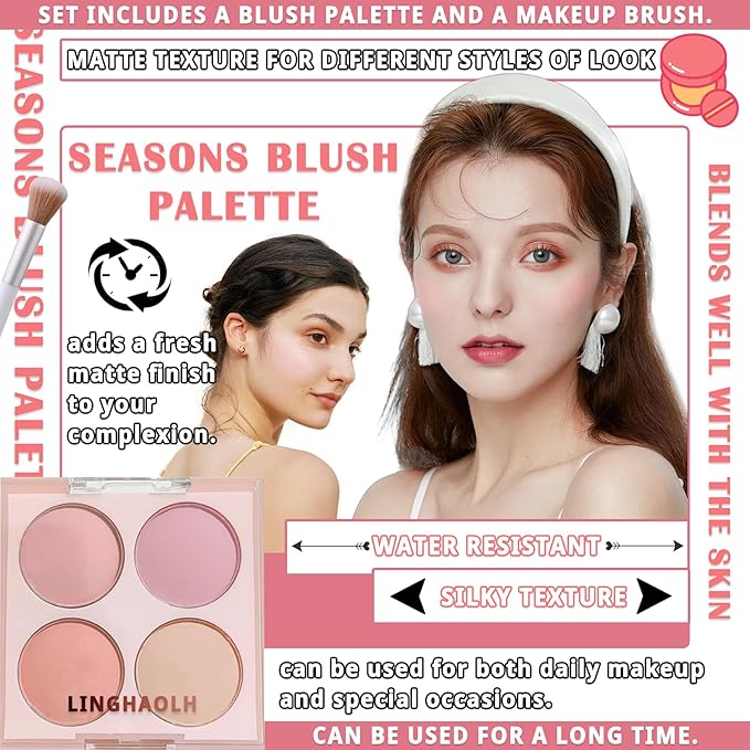 4 Colors Blush Palette for Cheeks,Face Matte Contour Blush Makeup Palette,Buildable Shimmer Facial Cheek Blusher Shades,Blendable Cosmetic Makeup Blush with Blush Brush 03