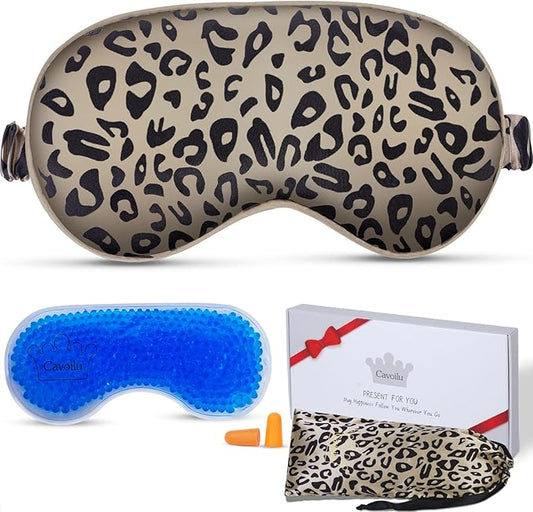 Sleep mask w/Cooling Gel Eye Mask, Heated Eye Mask for Sleeping, Reusable Ice Silk Stain Eye Cover Sleeping Mask for Travel, Home, Office, Yoga, Total Blackout, Stocking Stuffers (Leopard)