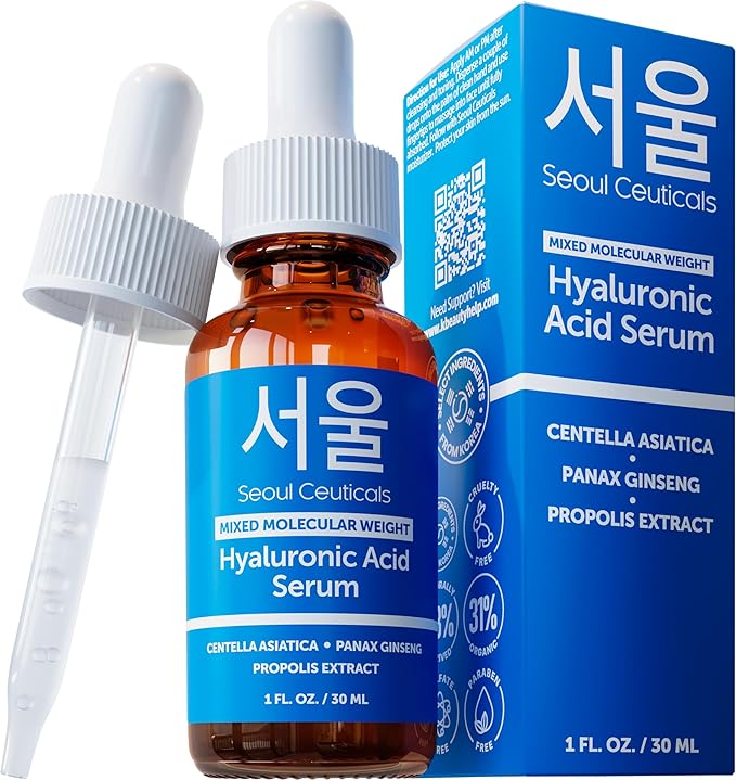 SeoulCeuticals Korean Hyaluronic Acid Serum For Face - High Molecular Weight & Low Molecular Weight Hyaluronic Acid - Centella Serum + Propolis. 1oz