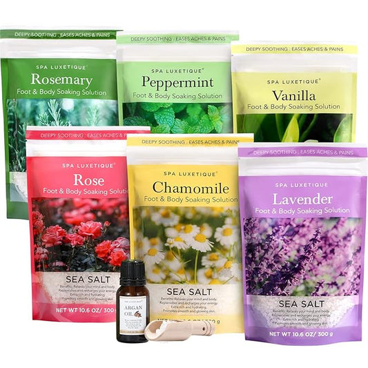 spa luxetique Bath Salts Gift Set 6-Pack, Foot and Body Sea Salts for Soaking, Wooden Scooper, 0.5oz Argan Oil, Bath Salts for Women Relaxing, Mother's Day Gifts for Mom