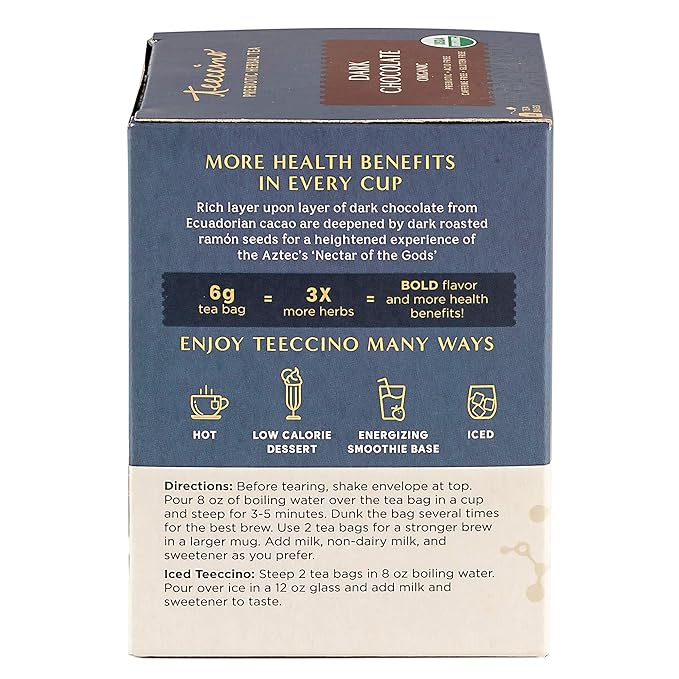 Teeccino Dark Chocolate - Prebiotic SuperBoost™ Herbal Tea - Support Your Probiotics with Prebiotics For Good Gut Health and Regularity, Digestive Chocolate Tea, 10 Tea Bags