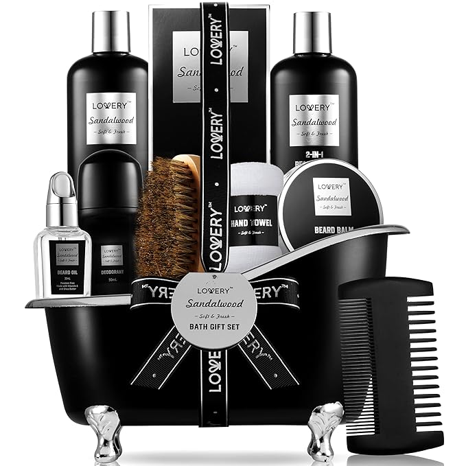 Beard Kit and Body Care Gifts for Men, Sandalwood Spa Gift Baskets, Mens Bath and Beard Grooming Kitf or Him, Unique Birthday Gifts for Him with Beard Balm, Growth Oil, Deodorant and More