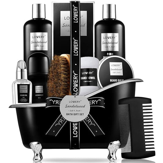 Beard Kit and Body Care Gifts for Men, Sandalwood Spa Gift Baskets, Mens Bath and Beard Grooming Kitf or Him, Unique Birthday Gifts for Him with Beard Balm, Growth Oil, Deodorant and More