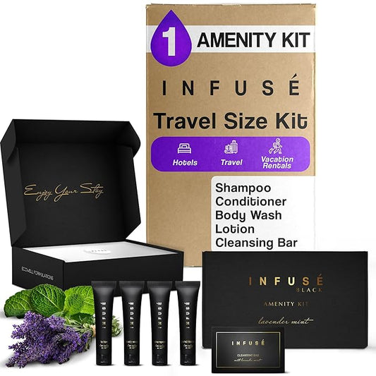Infuse Black Amenity Kit | Hotel Bulk Toiletries | 1 oz Shampoo, Conditioner, Lotion, Body Wash, Cleansing Bar Soap for Guest Hospitality Vacation Rentals | 1 Set/Case