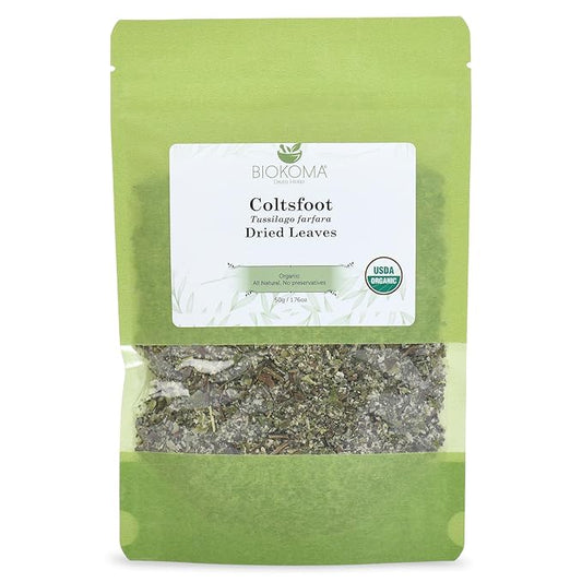 Biokoma Pure and Organic Coltsfoot Dried Leaves 50g (1.76oz) In Resealable Moisture Proof Pouch, USDA Certified Organic - Herbal Tea, No Additives, No Preservatives, No GMO, Kosher