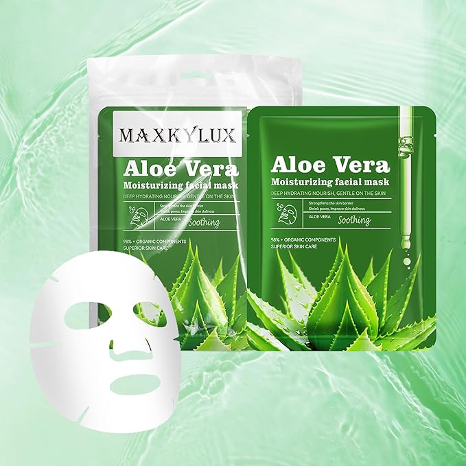Aloe Vera Soothing Mask Hydrating Face Masks Skincare Moisturizing Facial Sheet Mask Skin care for Dry, Oily, Sensitive Skin Face Mask for Acne, Sun Care, Calming, 25ml/0.88oz, Pack of 10