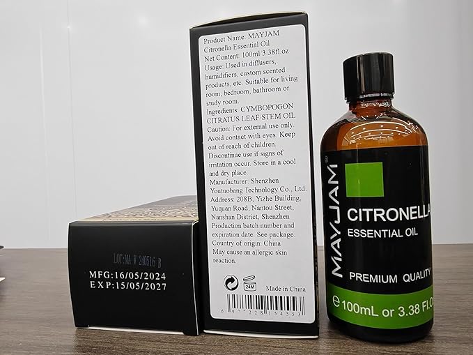 Citronella Essential Oil, 3.38FL.OZ Pure Essential Oils with Glass Dropper, Large Volume Citronella Oil, Perfect for Massage, DIY Candle and Soap Making (100ML)