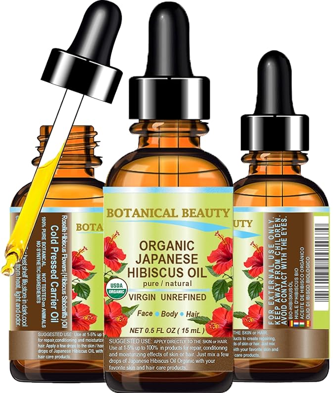 Botanical Beauty Organic HIBISCUS OIL (Hibiscus Sabdariffa) JAPANESE 100 Pure Natural VIRGIN UNREFINED COLD PRESSED Anti Aging, Vitamin E oil for FACE, SKIN, HAIR GROWTH 0.5 Fl.oz.- 15 ml