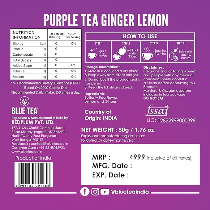 BLUE TEA - Purple Tea - 1.76 Oz (100+ Cups) Loose | Butterfly Pea Flower | ANTIOXIDANT RICH | Gifting Delight | Flower Based - Detox Tea - Non-Bitter - Herbal Tea - Caffeine Free - Gluten Free - Non-GMO | Tin Packed