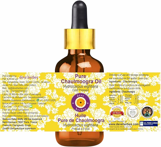 Deve Herbes Pure Chaulmoogra Oil (Hydnocarpus wightiana) with Glass Dropper Natural Therapeutic Grade Cold Pressed 5ml (0.16 oz)