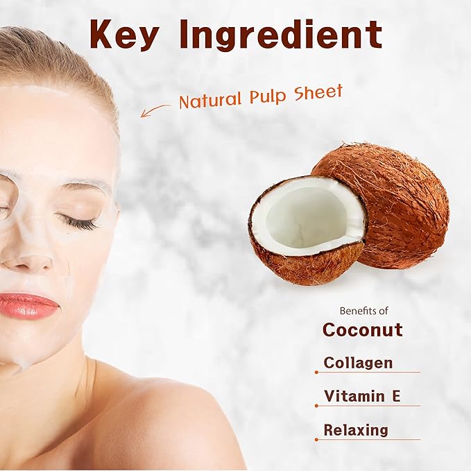 Purederm Coconut Essence Mask (12 Pack) - Coconut Extracts, Collagen, and Vitamin E to Make Your Skin Smooth and Clear