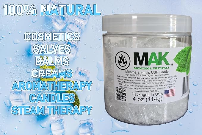 Mak Menthol Crystals 4 oz - Pure Organic 100% Natural - Menthol Crystals from Mint Crystal Mints Mentha Arvensis - Comes in a Jar for Long-Lasting Freshness