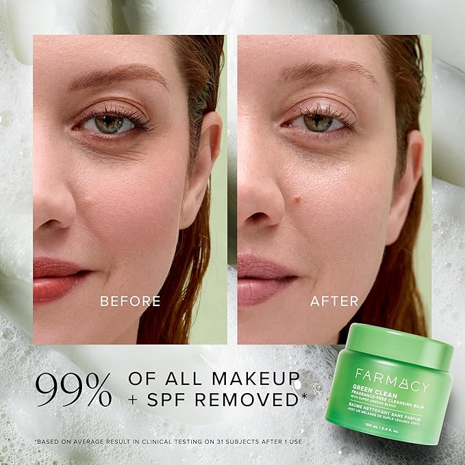 Farmacy Makeup Remover Cleansing Balm - Green Clean Waterproof Makeup Remover + Oil Based Cleanser - Newly Formulated Double Cleanser with Plant Based Waxes + Upcycled Moringa - Fragrance Free (200ml)