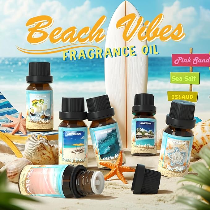 Beach Fragrance Oils Set, ARVIDSSON Summer Essential Oils for Diffuser - Beachy Breeze, Ocean Air, Pina Colada, Pink Sand, Sea Salt, Island Time, Tropical Scented Oil