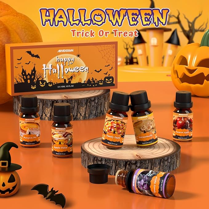 Halloween Fragrance Oils Set, ARVIDSSON Halloween Essential Oils for Candle Making, Spooky Scented Oil for Diffuser, Pumpkin Pie, Candy Corn, Snickerdoodle, Caramel Apple, Spooky Spices, Apple Cider