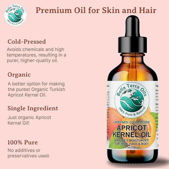 Bella Terra Oils - Organic Apricot Kernel Oil 4 oz - Pure Organic Apricot Essence, Abundant in Linoleic & Oleic Acid, A Luxurious Carrier Oil for Essential Oils