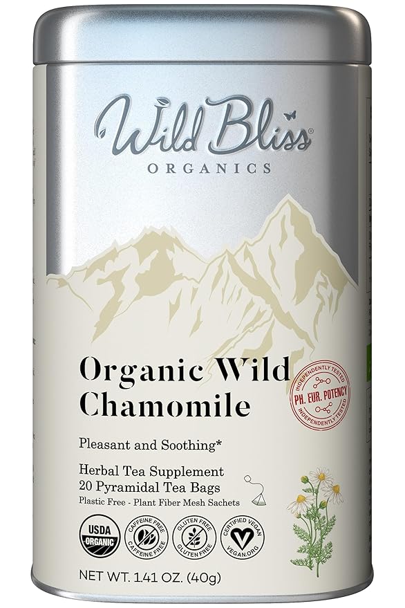 Wild Bliss Organic Chamomile Tea - Caffeine Free Calming Herbal Support - Pharmacopoeia Potency - 20 Plant Based Tea Bags
