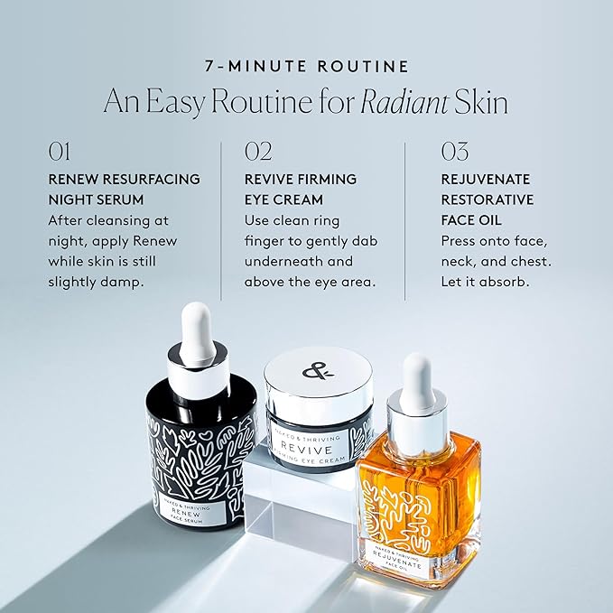 Naked & Thriving Restorative Night Routine | Renew Night Serum (30 mL) + Revive Eye Cream (15 mL) + Rejuvenate Face Oil (35 mL) with Peptides, Squalane, Hyaluronic Acid, and Fruit AHAs (Set of 3)