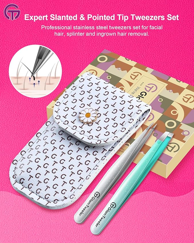 Expert Slant and Point Tip Tweezer Set with Exclusive Storage & Carrying Case, GlamTweeler Sharp & Precision Tweezer Set for Eyebrows, Facial Hairs & Fine Hairs Removal (Sparkle Mint Green + Silver)