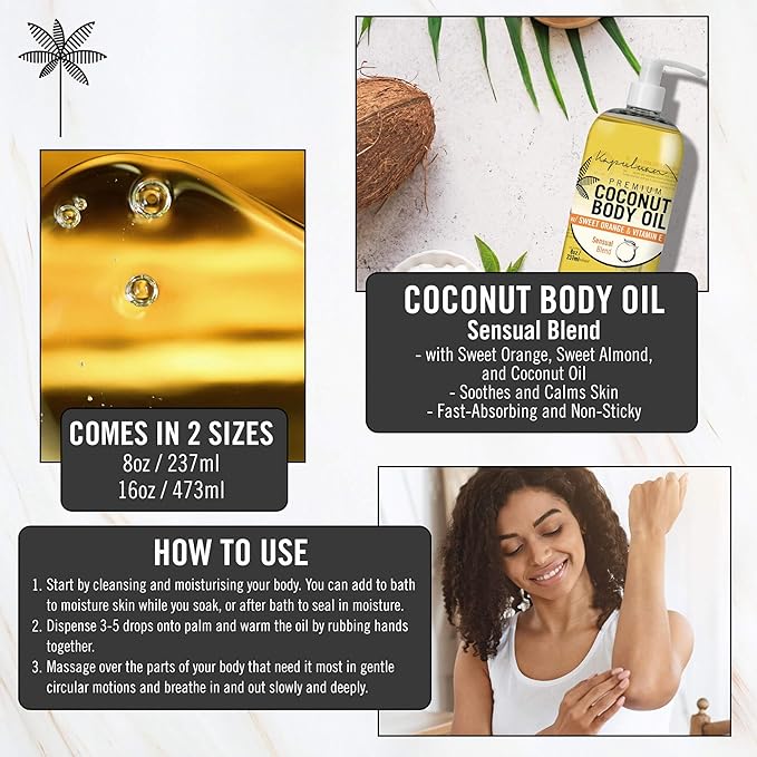 Massage Body Oil - Nourishing Blend with Sweet Orange & Lotus Flower - For Soft, Radiant Skin - Apricot, Coconut, Jojoba Oils - 8 oz